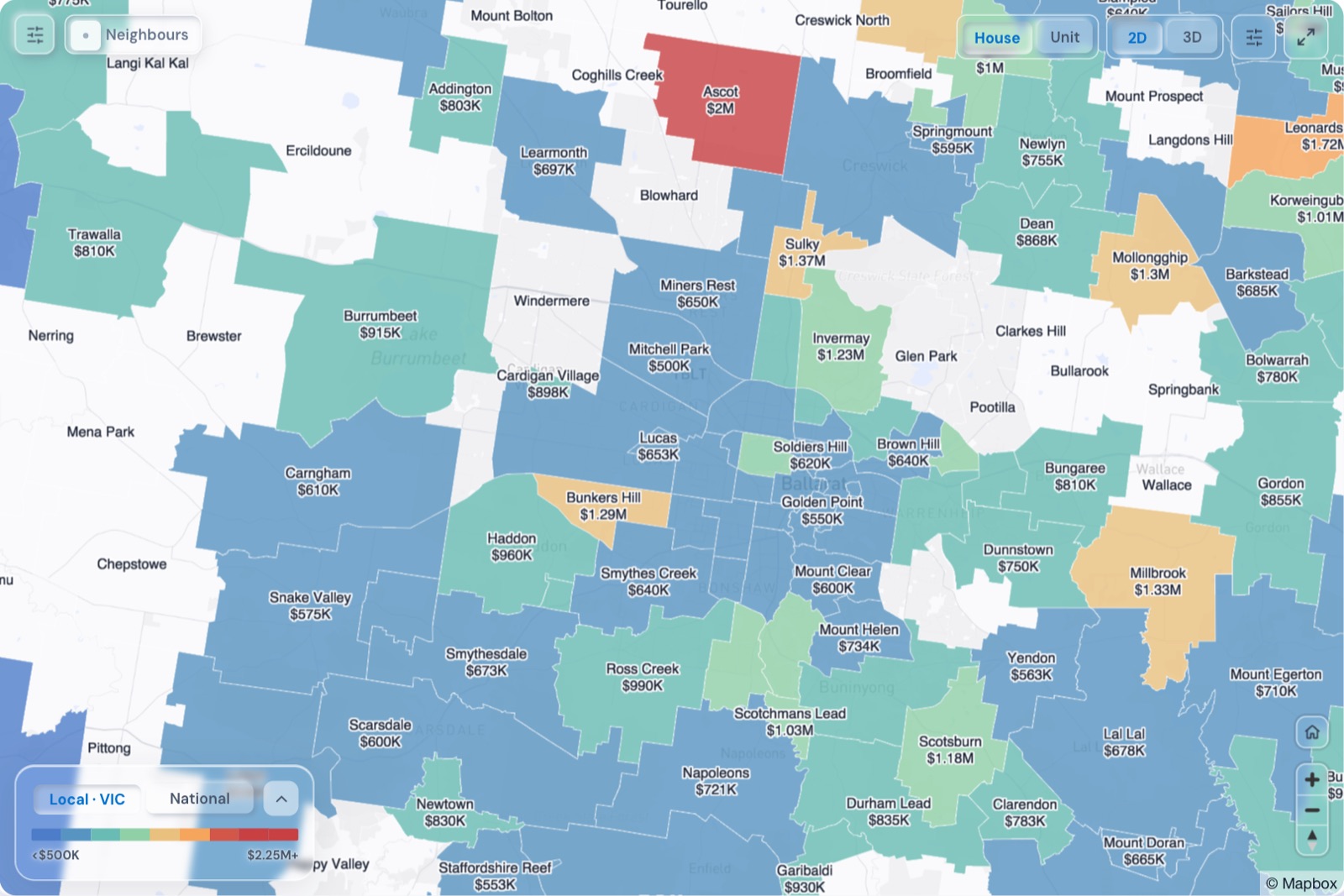 Map of Ballarat suburbs coloured by median house price, October 2026, in the Real Estate Radar Market Dashboard