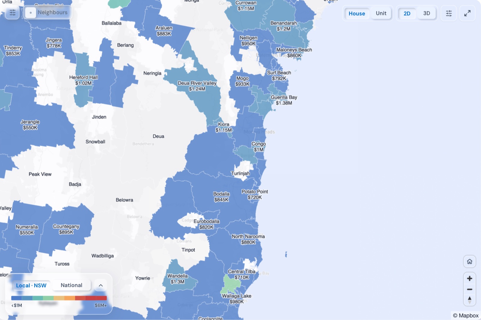 Map of Batemans Bay suburbs coloured by median house price, October 2026, in the Real Estate Radar Market Dashboard