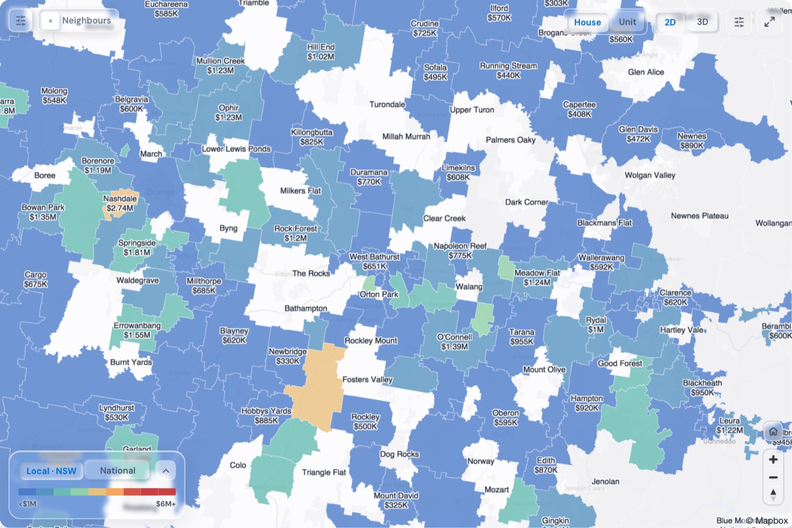 Map of Bathurst suburbs coloured by median house price, October 2026, in the Real Estate Radar Market Dashboard