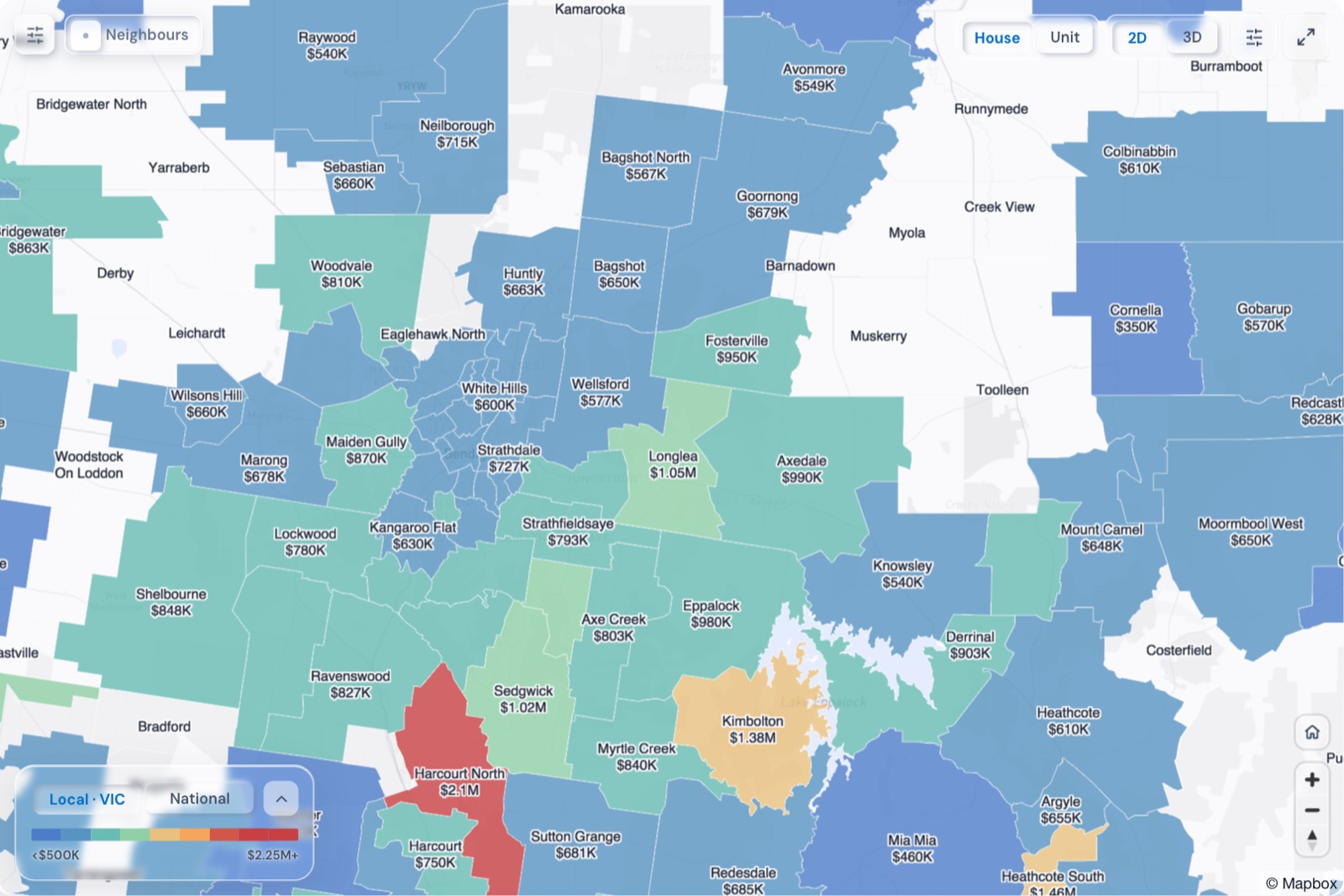 Map of Bendigo suburbs coloured by median house price, October 2026, in the Real Estate Radar Market Dashboard