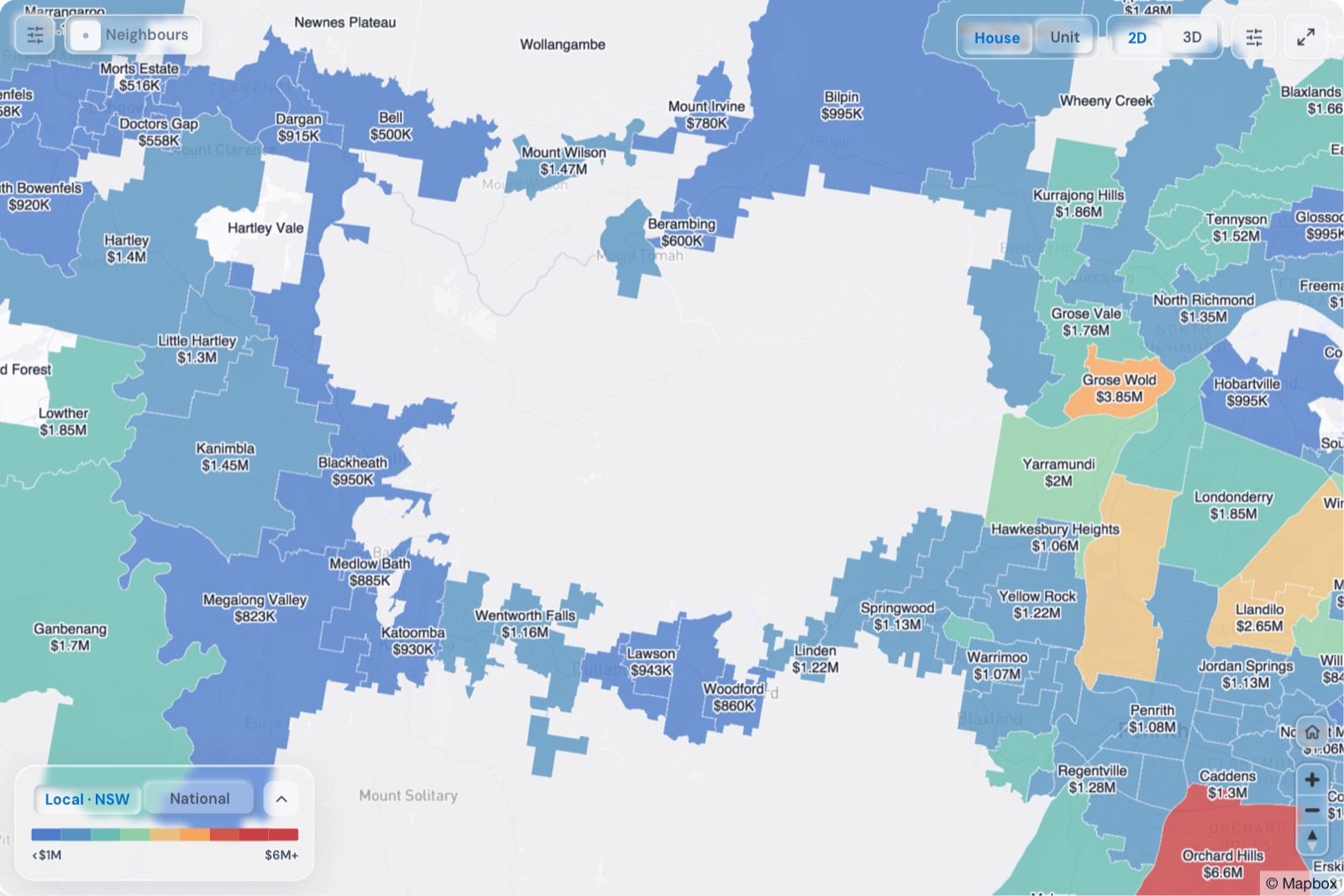 Map of Blue Mountains suburbs coloured by median house price, October 2026, in the Real Estate Radar Market Dashboard