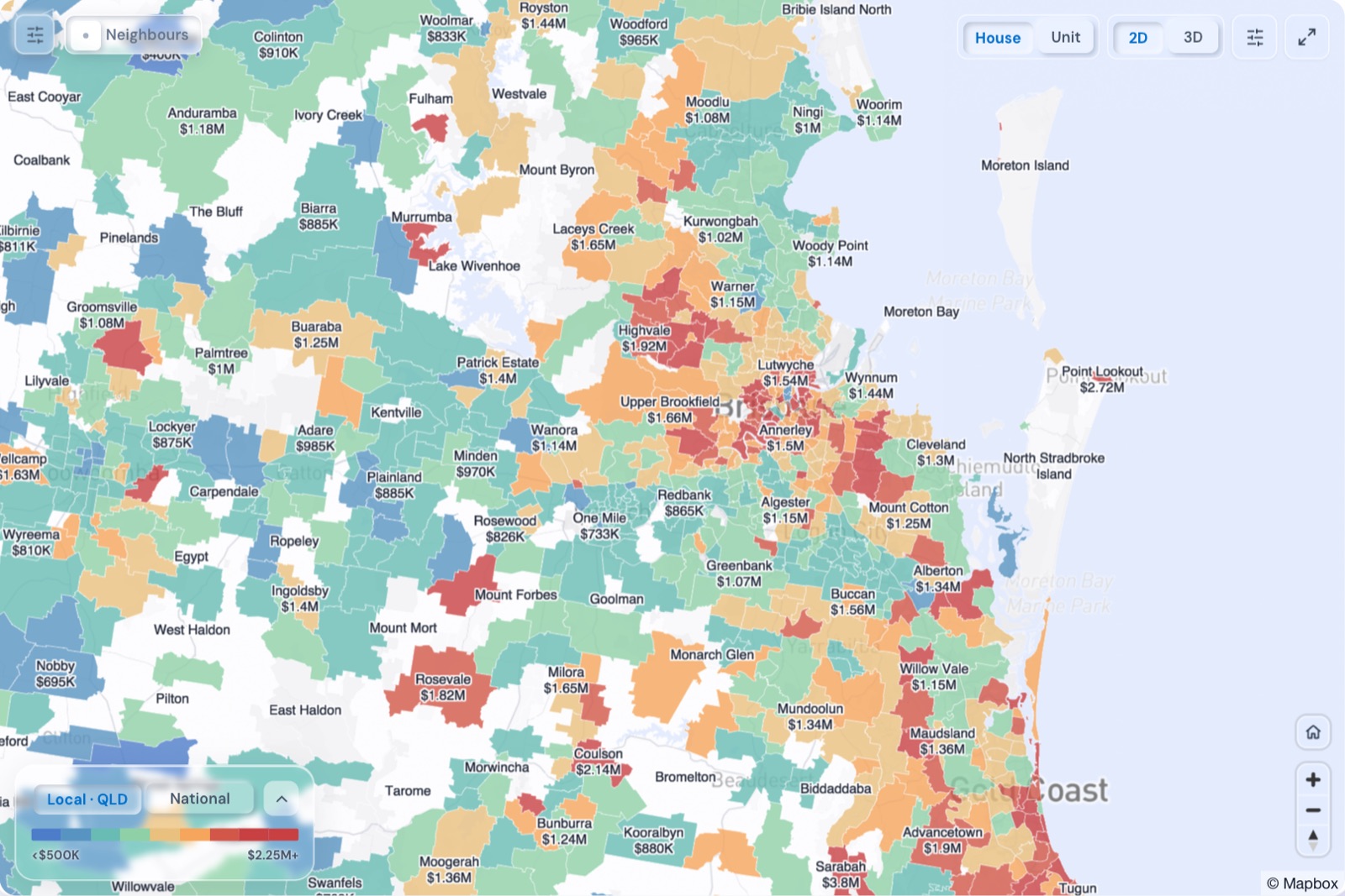 Map of Brisbane suburbs coloured by median house price, October 2026, in the Real Estate Radar Market Dashboard