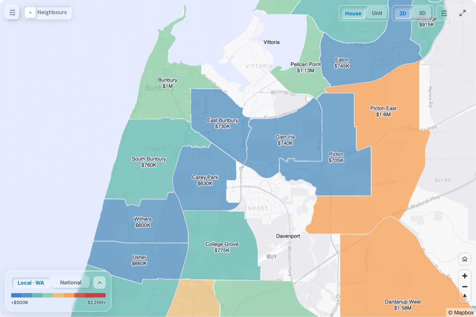 Map of Bunbury suburbs coloured by median house price, October 2026, in the Real Estate Radar Market Dashboard