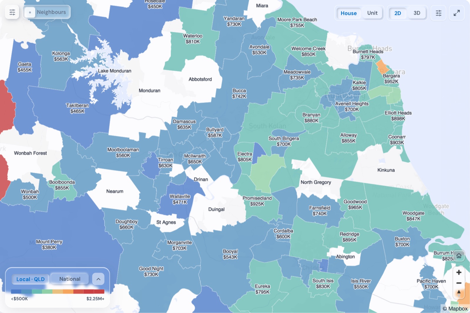 Map of Bundaberg suburbs coloured by median house price, October 2026, in the Real Estate Radar Market Dashboard