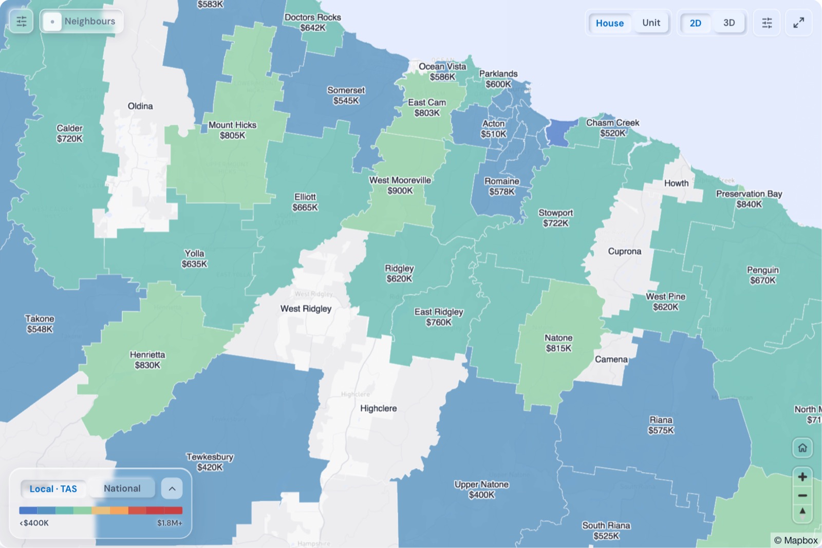 Map of Burnie suburbs coloured by median house price, October 2026, in the Real Estate Radar Market Dashboard