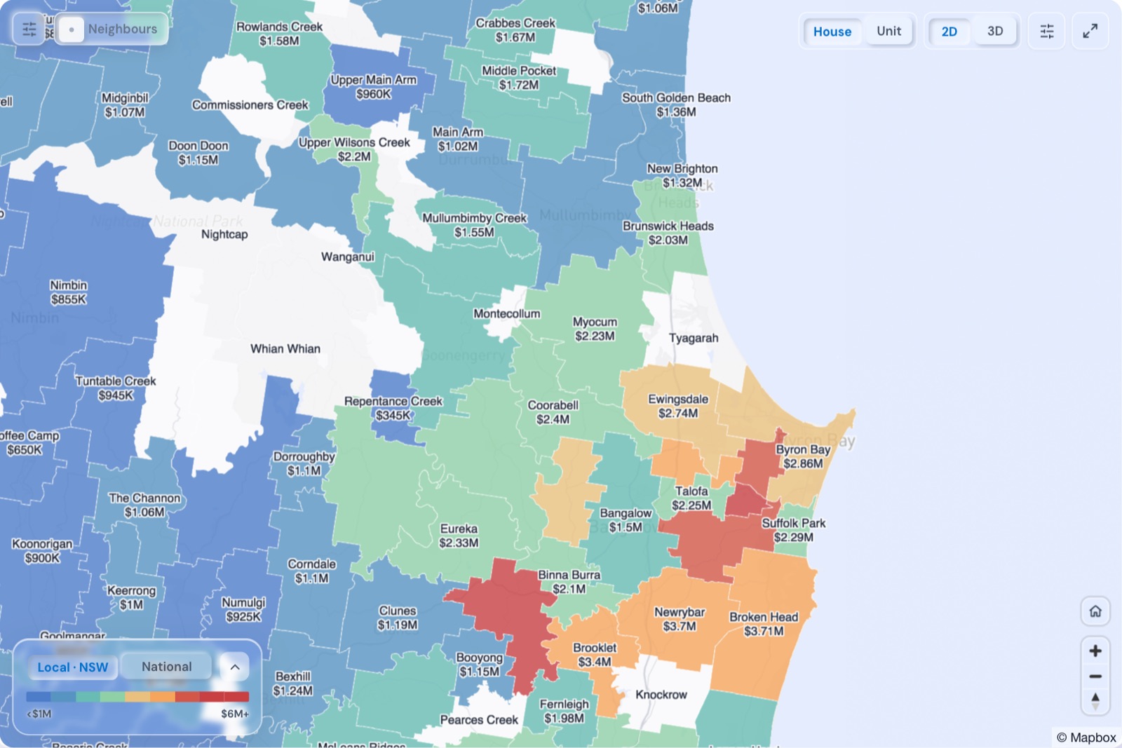 Map of Byron Bay suburbs coloured by median house price, October 2026, in the Real Estate Radar Market Dashboard