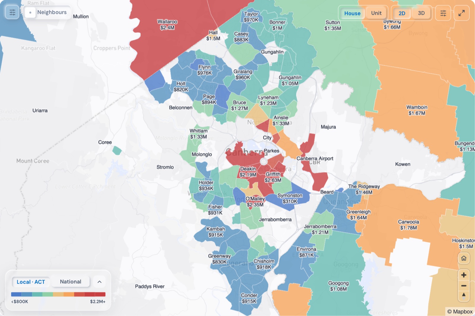 Map of Canberra suburbs coloured by median house price, October 2026, in the Real Estate Radar Market Dashboard