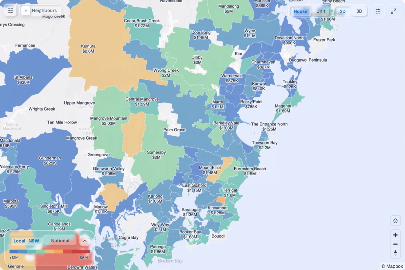 Map of Central Coast suburbs coloured by median house price, October 2026, in the Real Estate Radar Market Dashboard