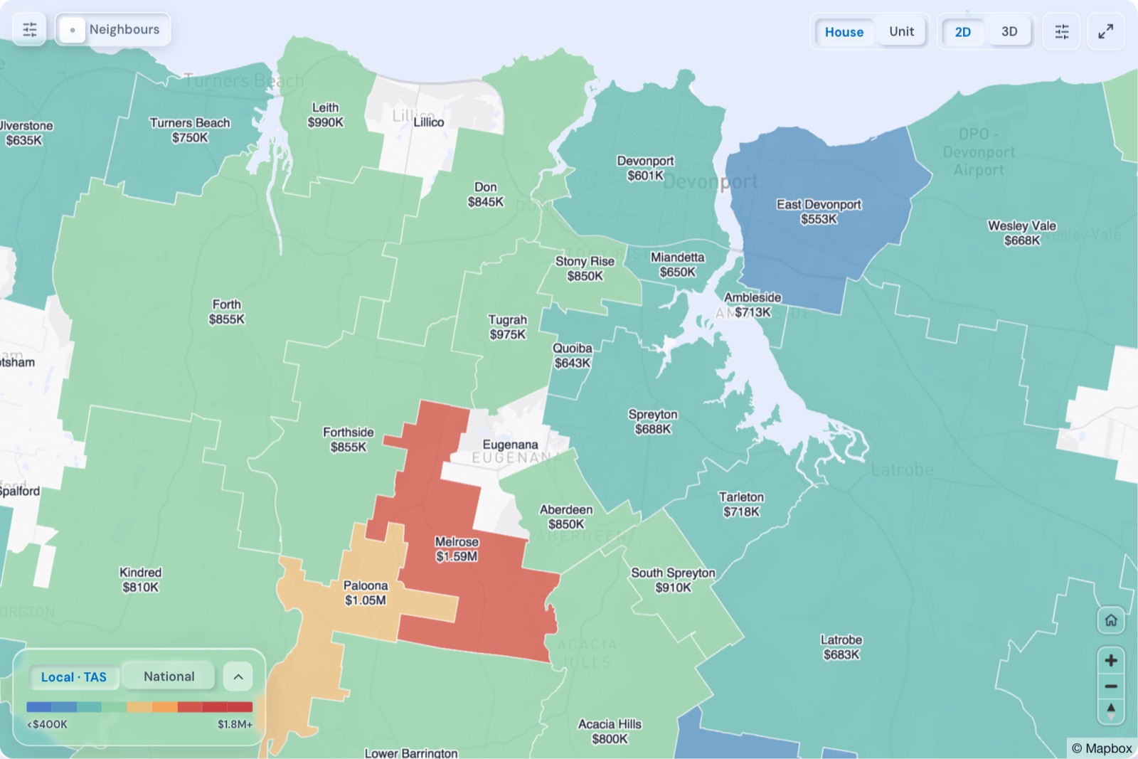 Map of Devonport suburbs coloured by median house price, October 2026, in the Real Estate Radar Market Dashboard