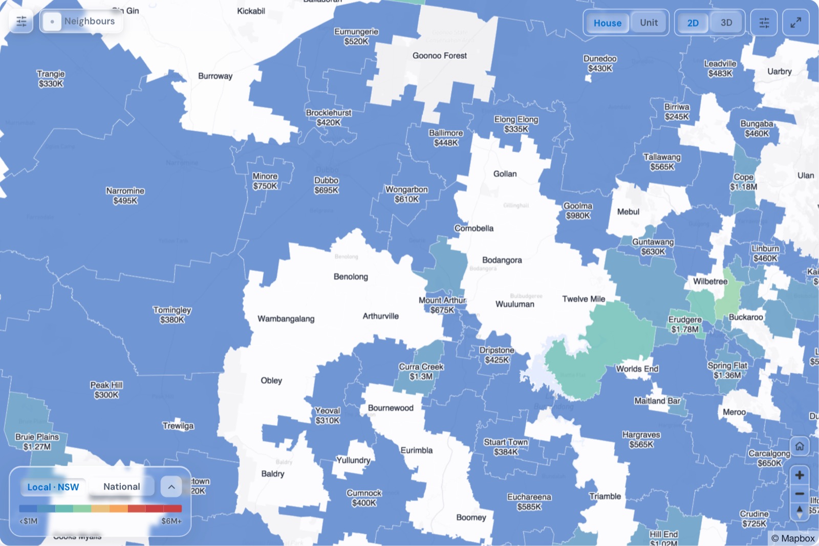 Map of Dubbo suburbs coloured by median house price, October 2026, in the Real Estate Radar Market Dashboard