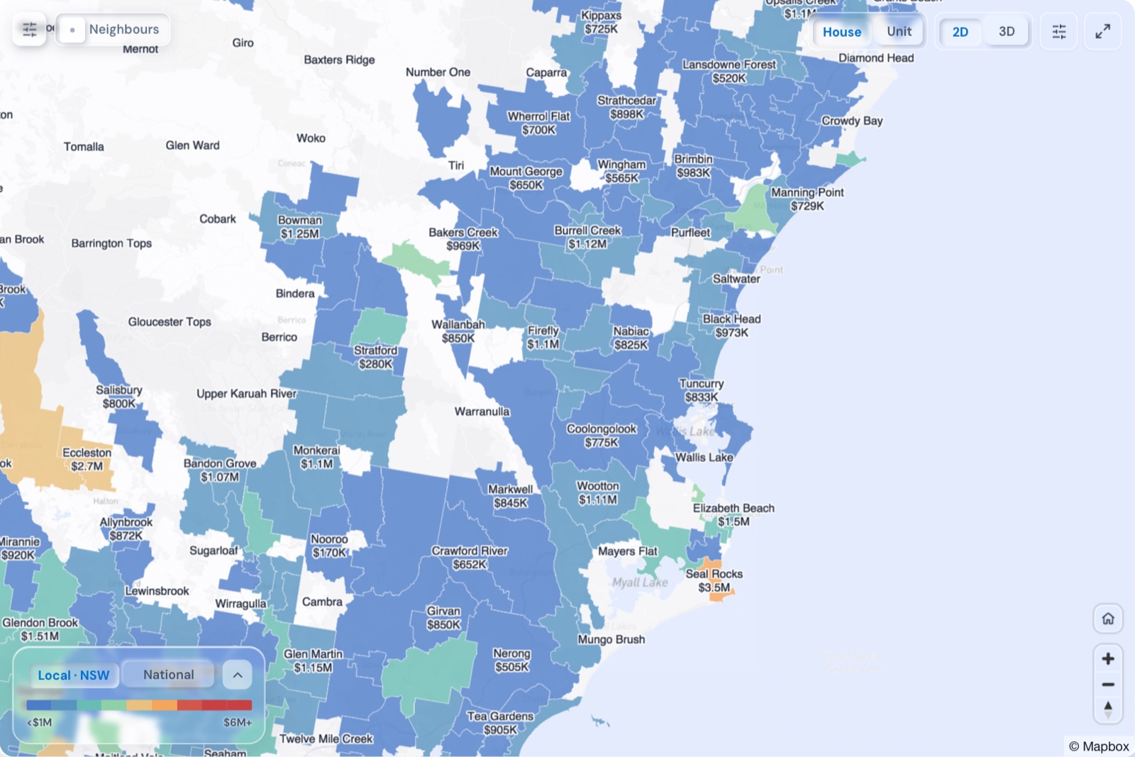 Map of Forster and Taree suburbs coloured by median house price, October 2026, in the Real Estate Radar Market Dashboard