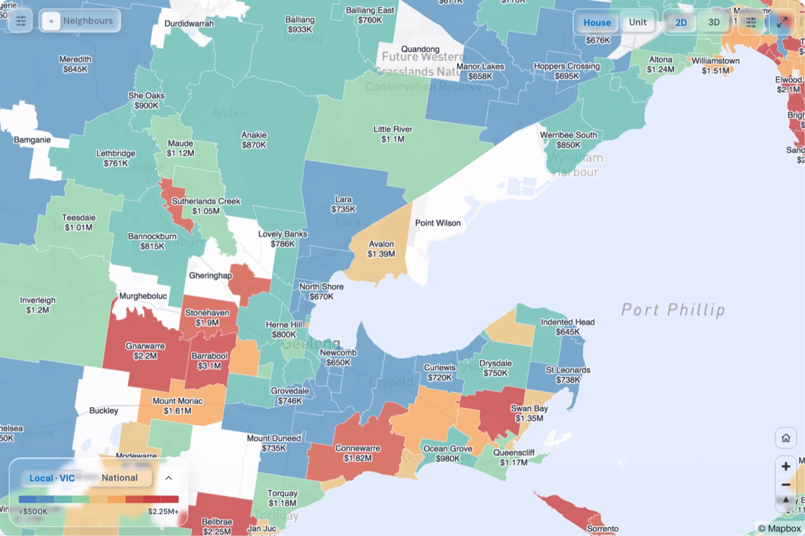 Map of Geelong suburbs coloured by median house price, October 2026, in the Real Estate Radar Market Dashboard