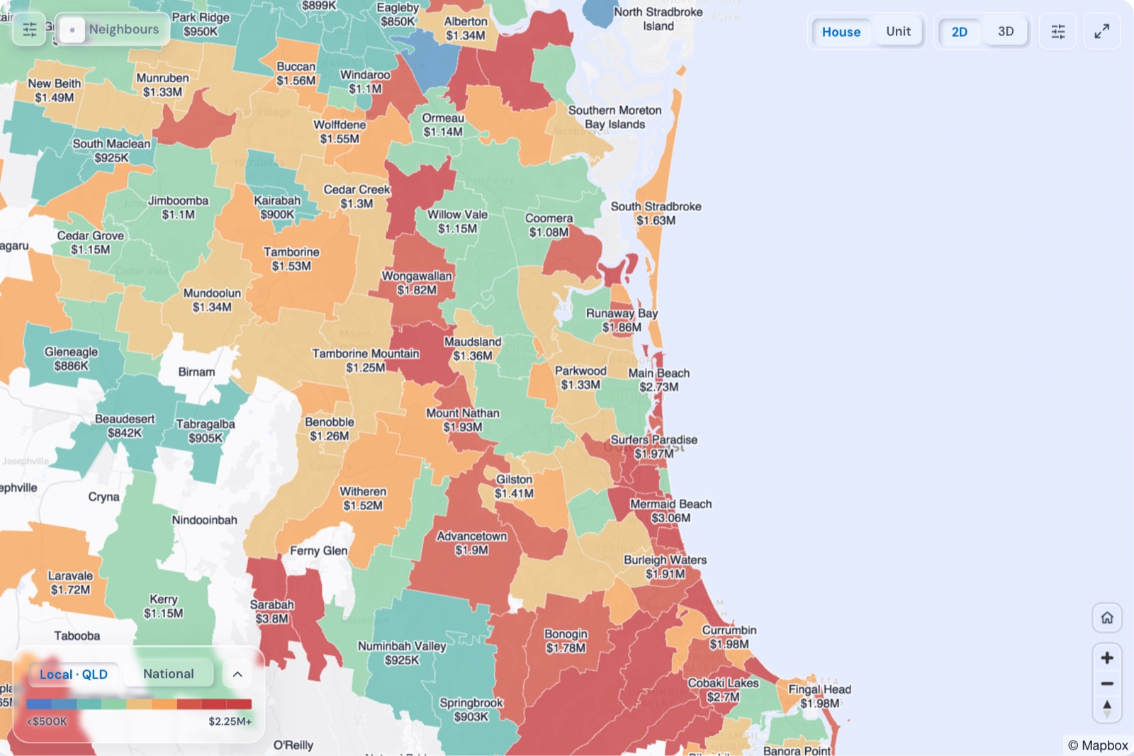 Map of Gold Coast suburbs coloured by median house price, October 2026, in the Real Estate Radar Market Dashboard