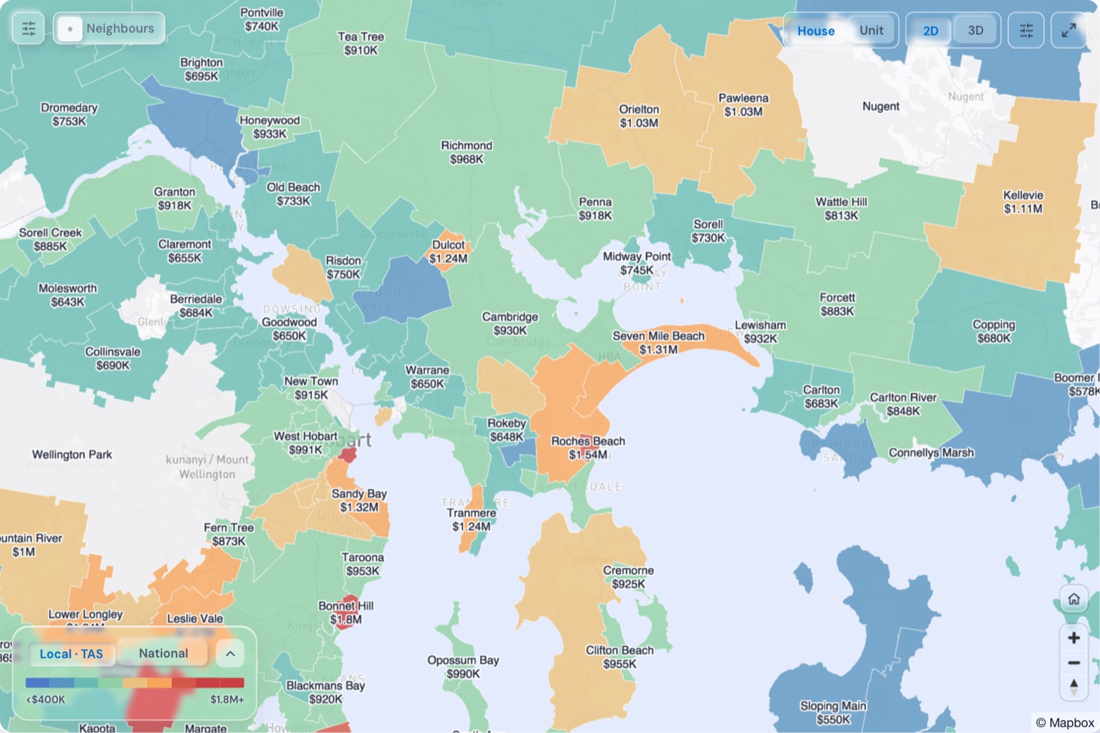 Map of Hobart suburbs coloured by median house price, October 2026, in the Real Estate Radar Market Dashboard