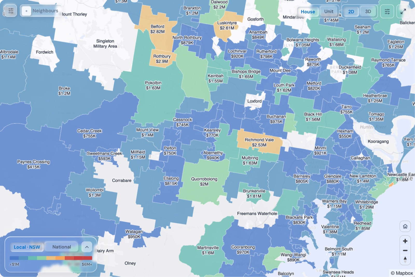 Map of Hunter Valley suburbs coloured by median house price, October 2026, in the Real Estate Radar Market Dashboard
