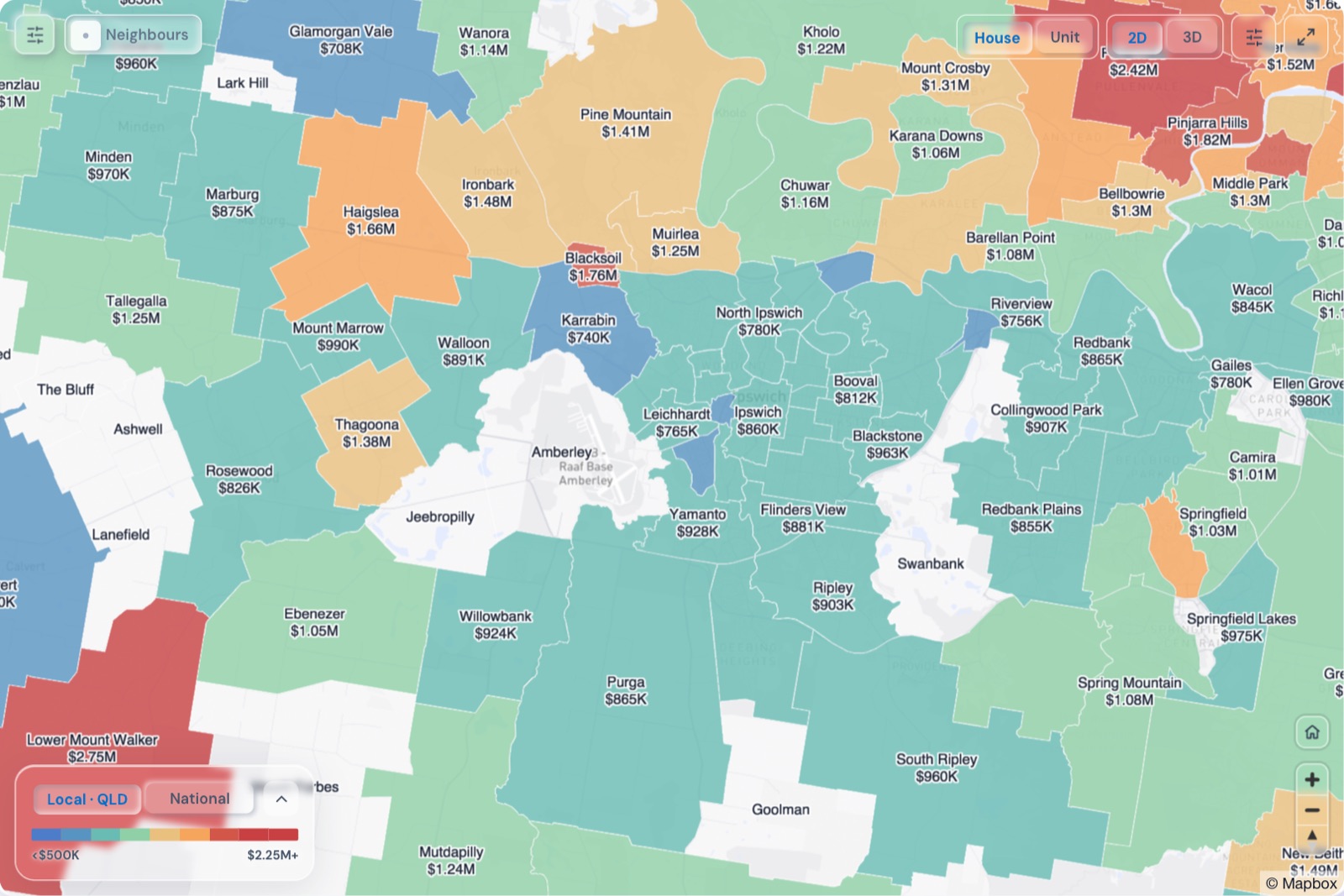 Map of Ipswich suburbs coloured by median house price, October 2026, in the Real Estate Radar Market Dashboard