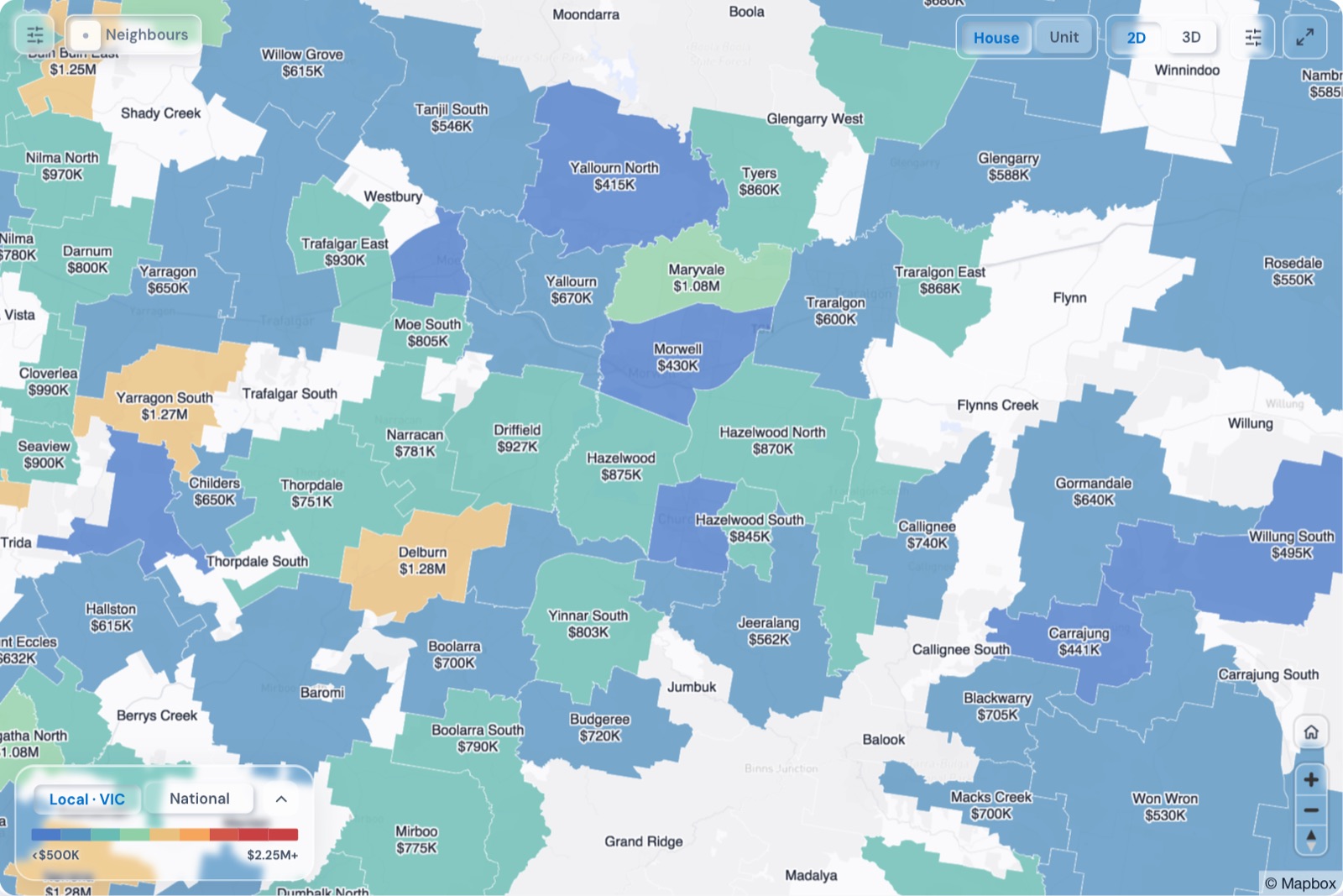Map of Latrobe Valley suburbs coloured by median house price, October 2026, in the Real Estate Radar Market Dashboard