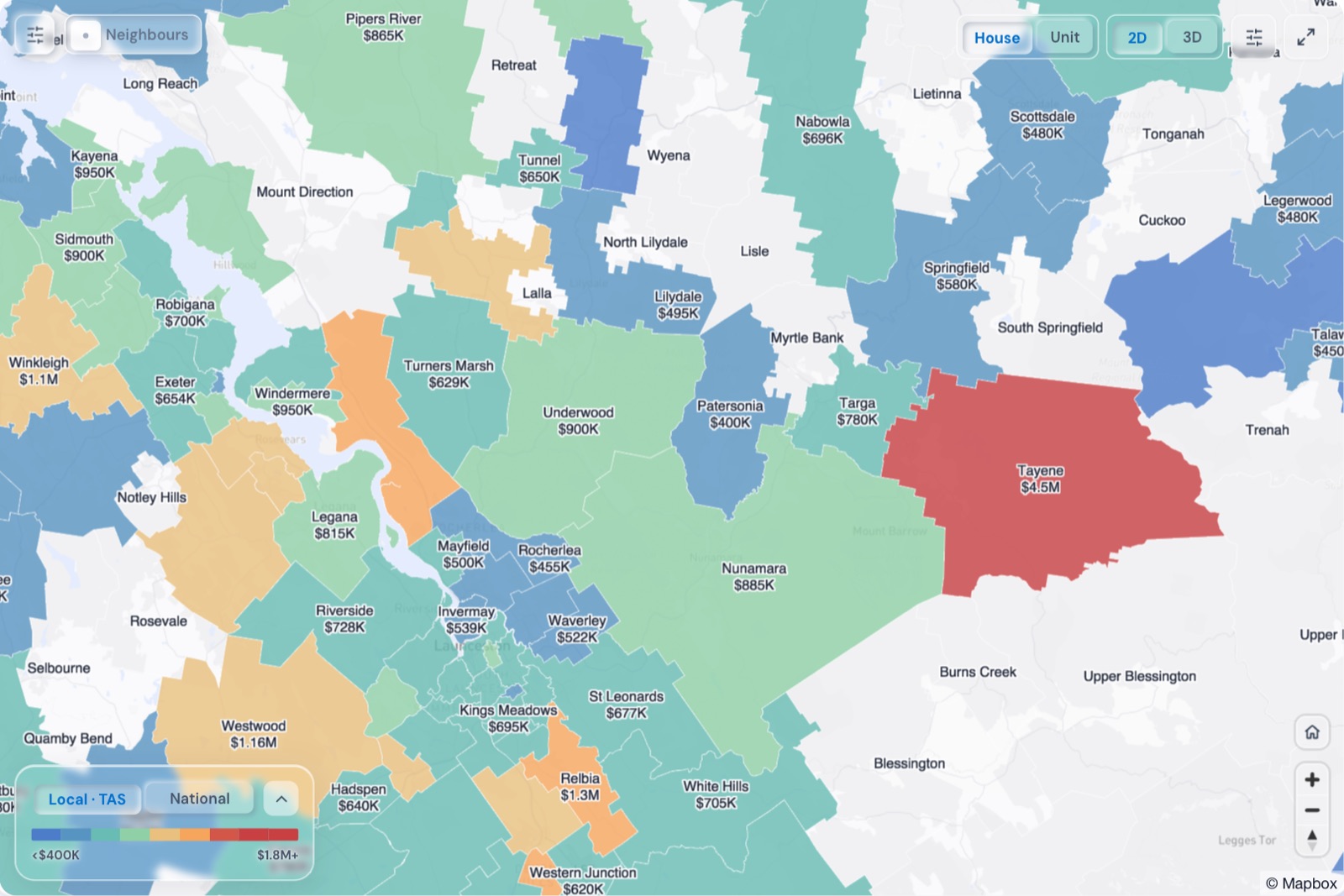 Map of Launceston suburbs coloured by median house price, October 2026, in the Real Estate Radar Market Dashboard