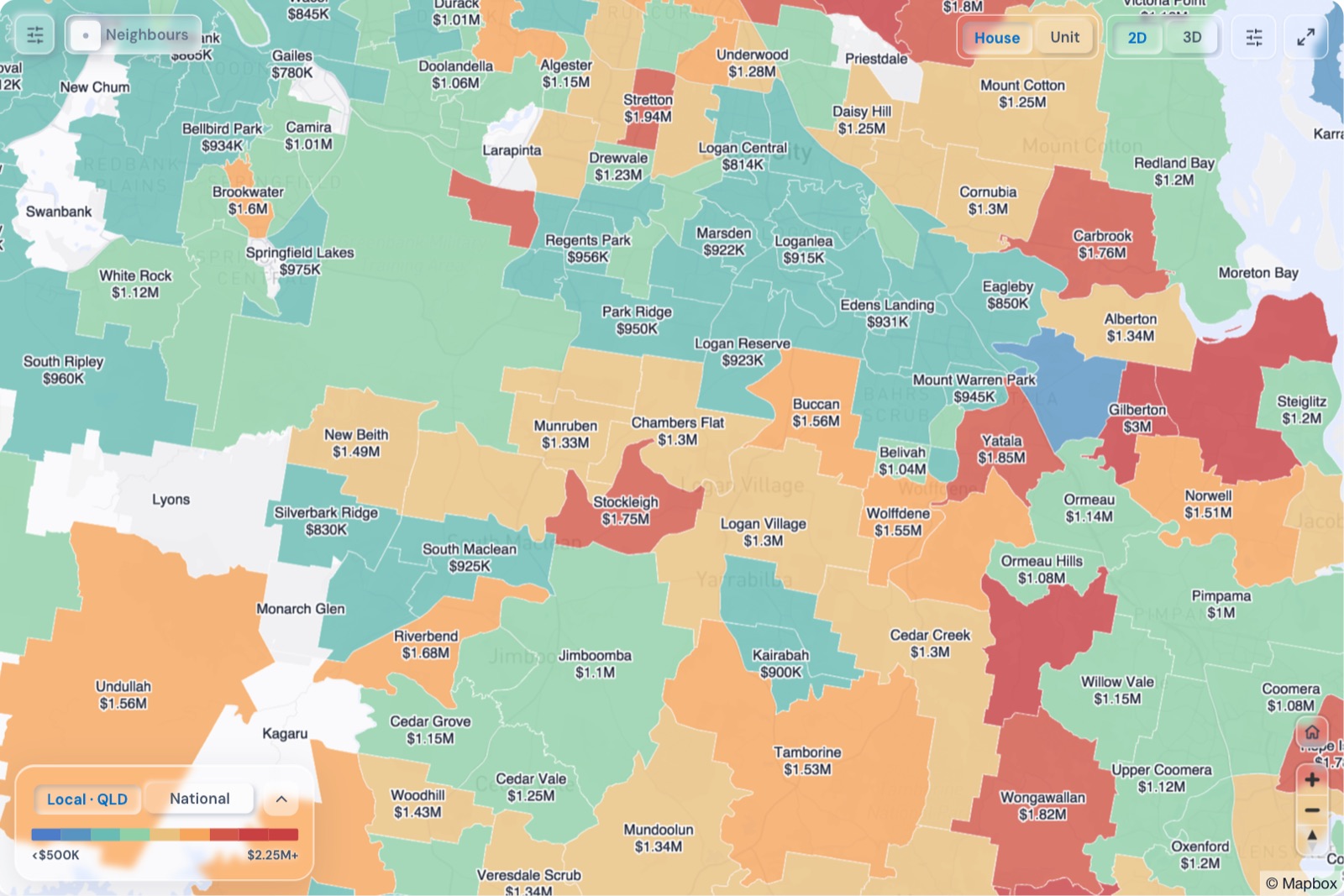 Map of Logan suburbs coloured by median house price, October 2026, in the Real Estate Radar Market Dashboard