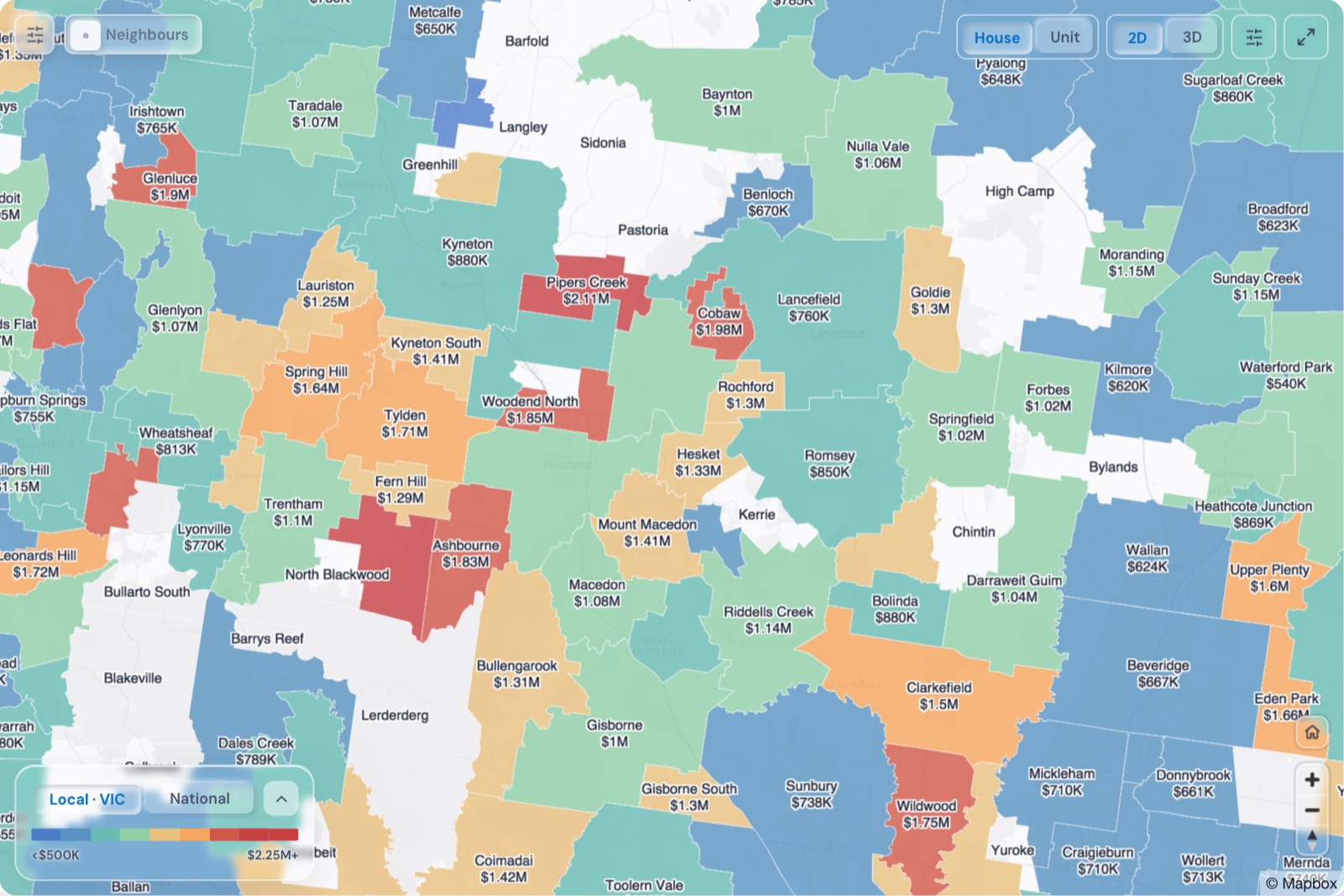 Map of Macedon Ranges suburbs coloured by median house price, October 2026, in the Real Estate Radar Market Dashboard