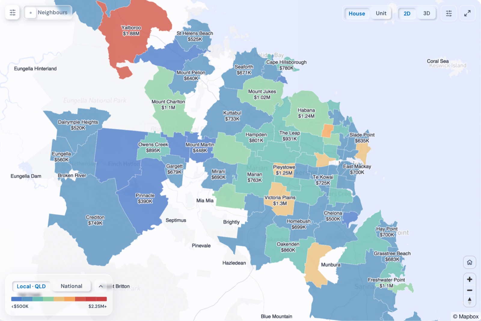 Map of Mackay suburbs coloured by median house price, October 2026, in the Real Estate Radar Market Dashboard