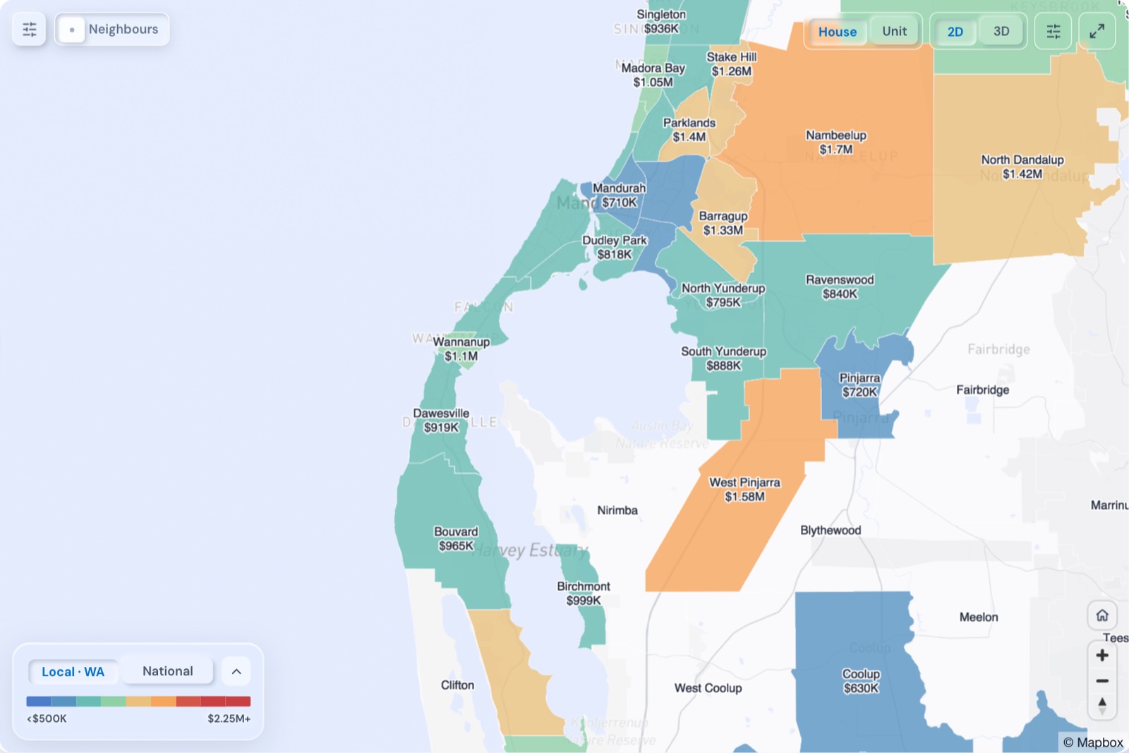 Map of Mandurah suburbs coloured by median house price, October 2026, in the Real Estate Radar Market Dashboard