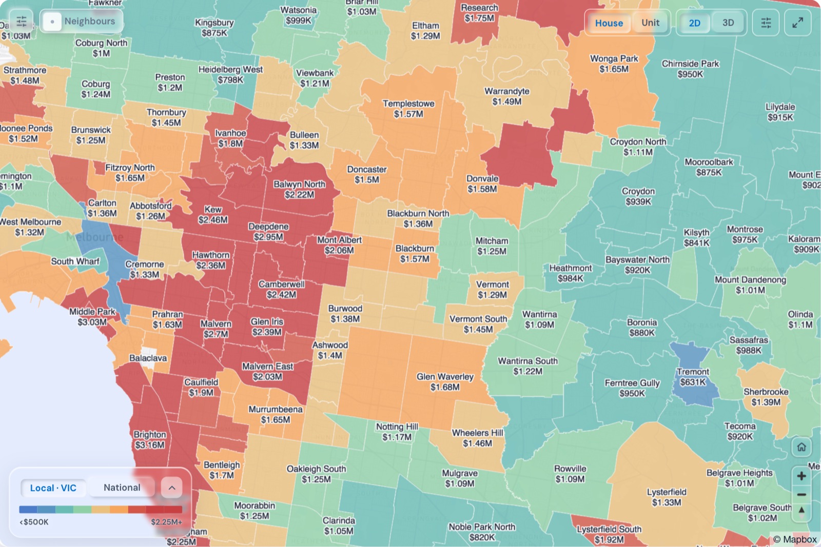 Map of Melbourne Eastern Suburbs suburbs coloured by median house price, October 2026, in the Real Estate Radar Market Dashboard