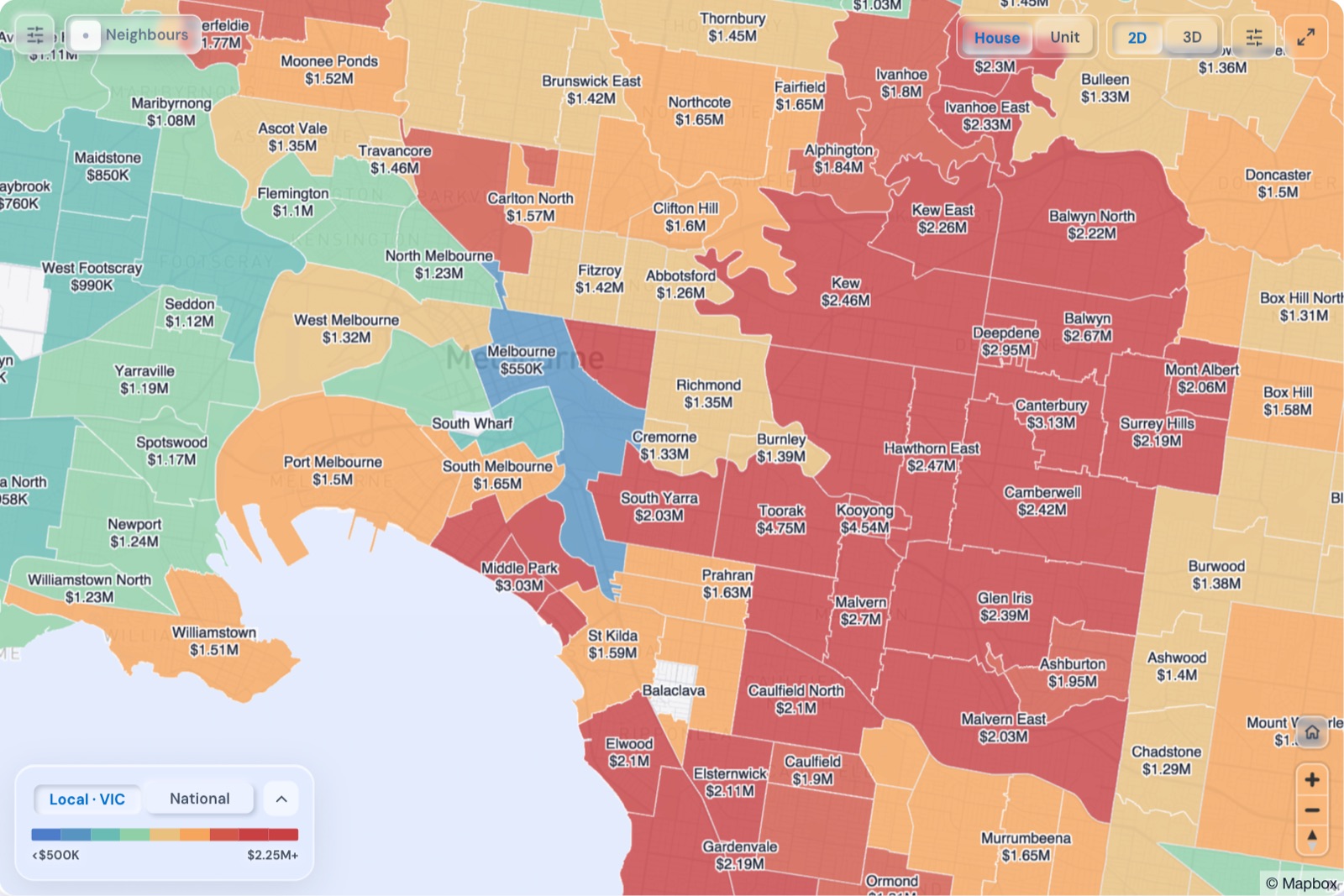 Map of Inner Melbourne suburbs coloured by median house price, October 2026, in the Real Estate Radar Market Dashboard