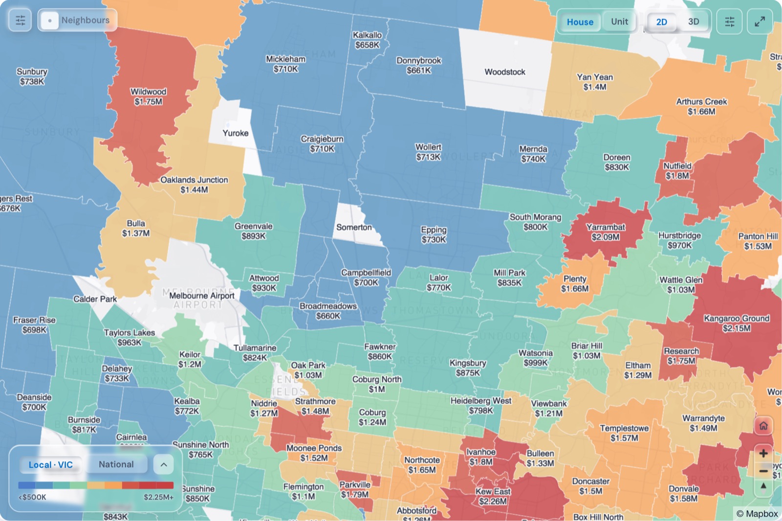 Map of Melbourne Northern Suburbs suburbs coloured by median house price, October 2026, in the Real Estate Radar Market Dashboard