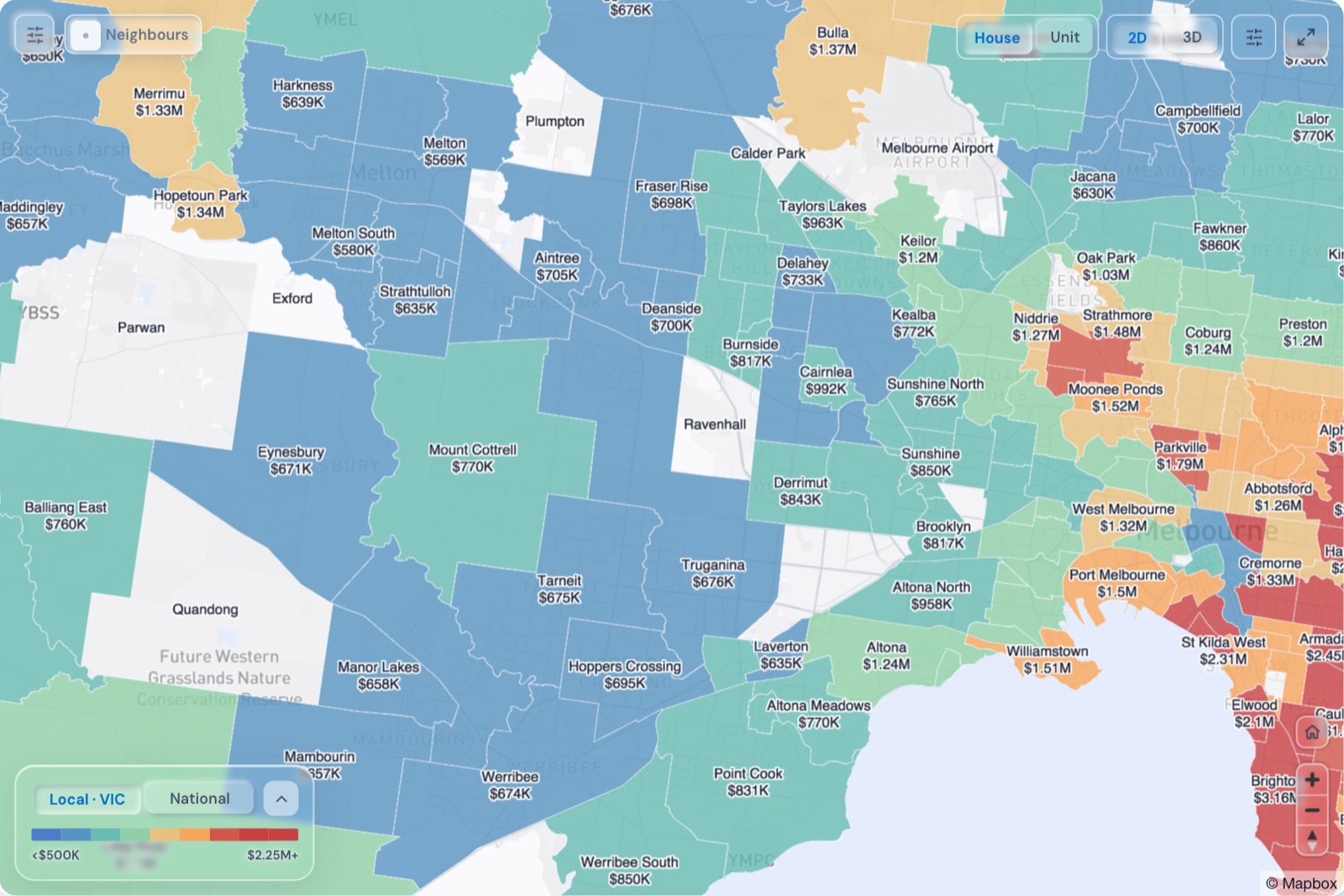 Map of Melbourne Western Suburbs suburbs coloured by median house price, October 2026, in the Real Estate Radar Market Dashboard