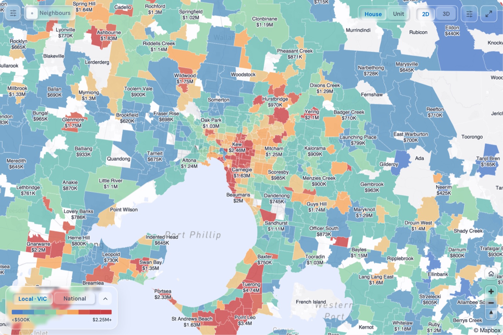 Map of Melbourne suburbs coloured by median house price, October 2026, in the Real Estate Radar Market Dashboard