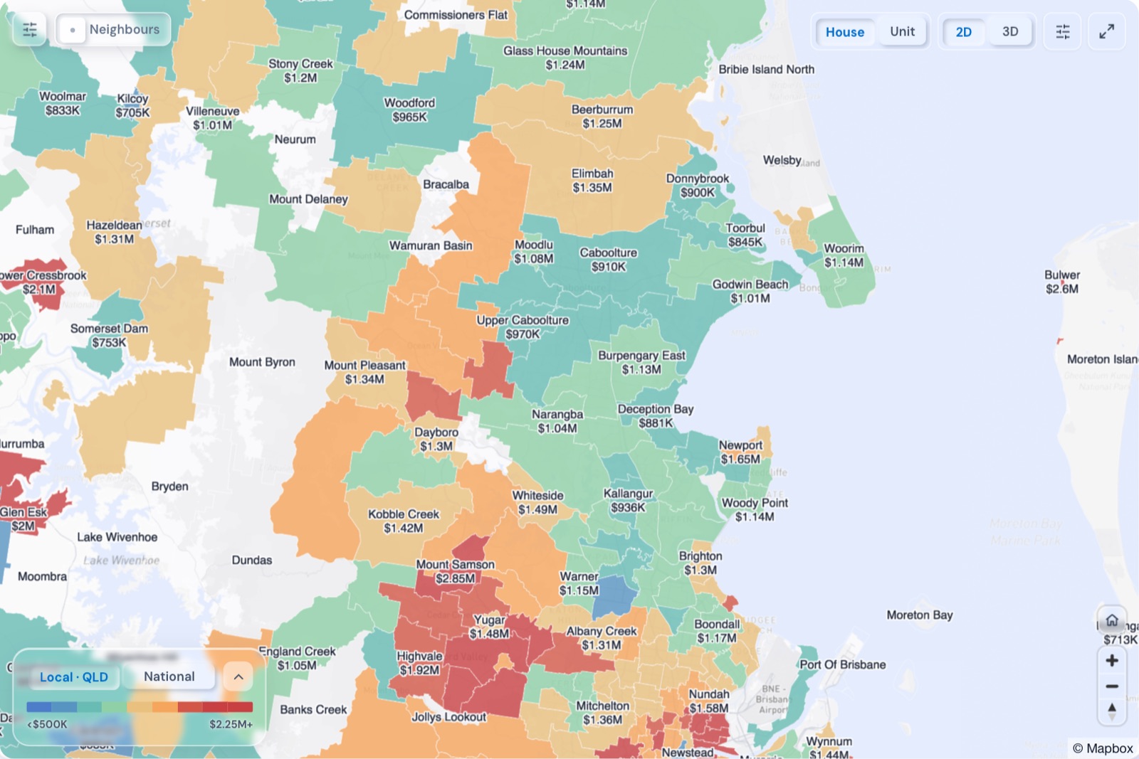 Map of Moreton Bay suburbs coloured by median house price, October 2026, in the Real Estate Radar Market Dashboard