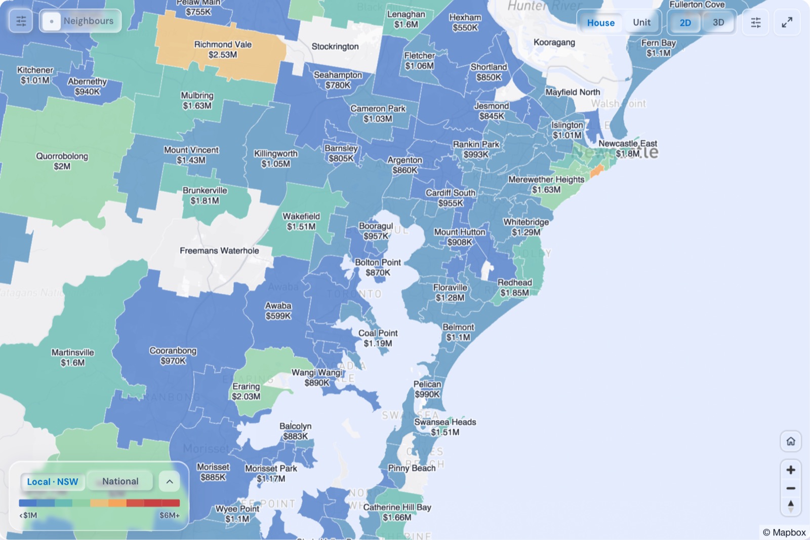 Map of Newcastle suburbs coloured by median house price, October 2026, in the Real Estate Radar Market Dashboard