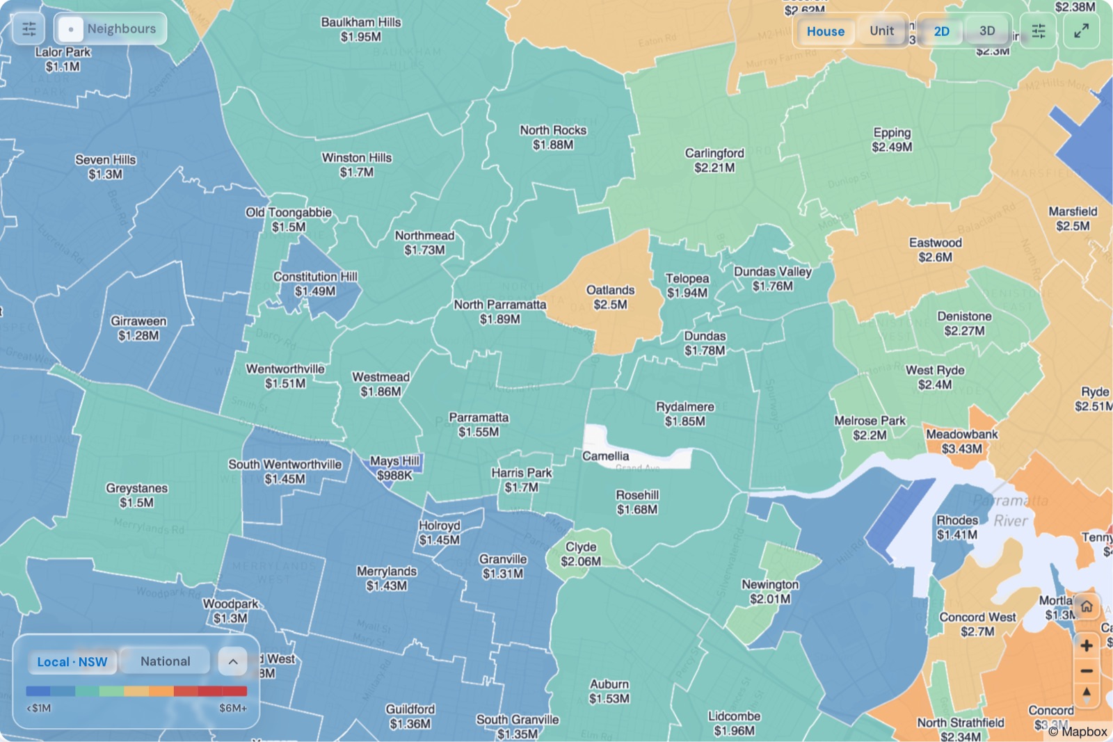 Map of Parramatta suburbs coloured by median house price, October 2026, in the Real Estate Radar Market Dashboard