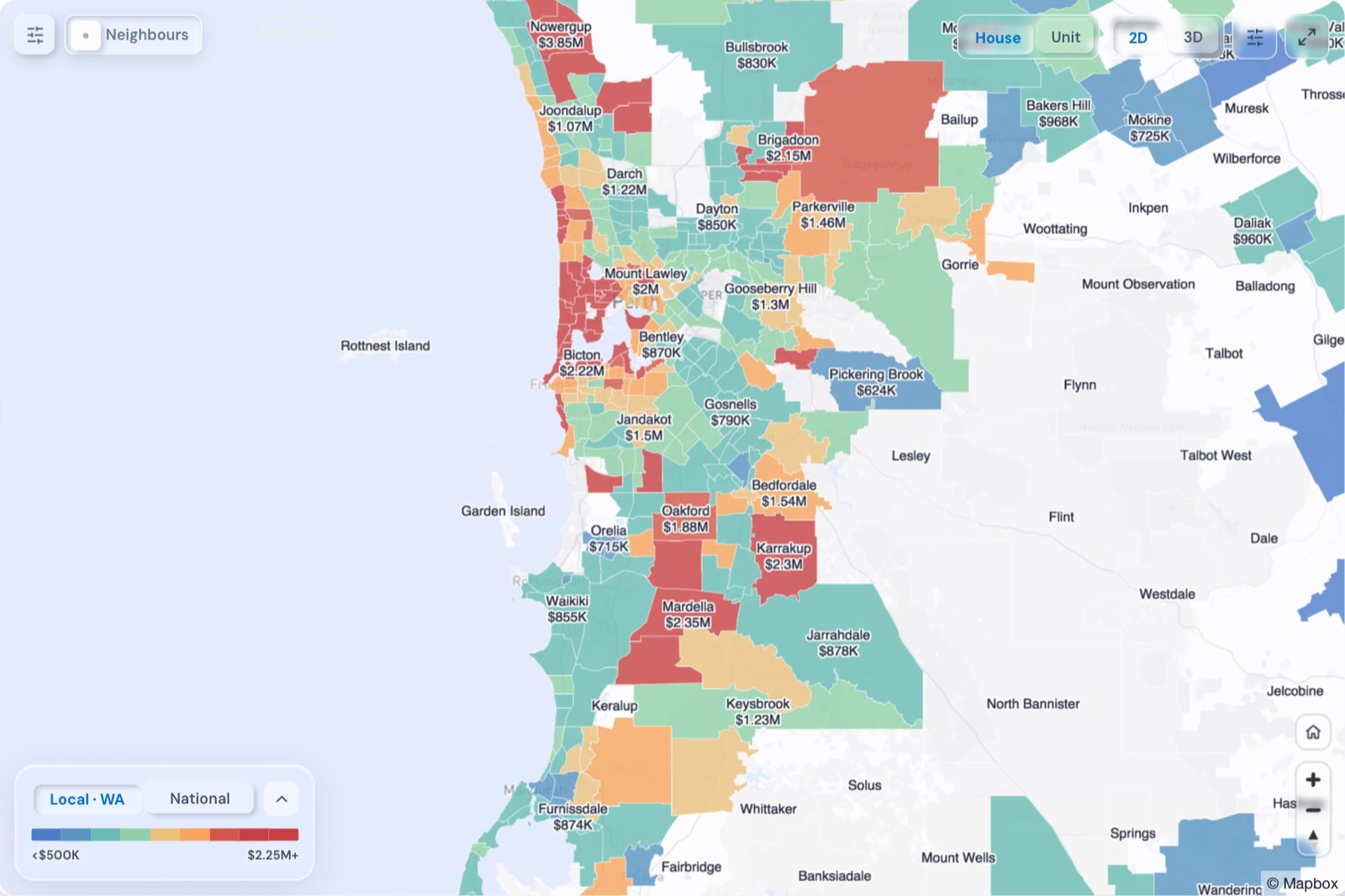 Map of Perth suburbs coloured by median house price, October 2026, in the Real Estate Radar Market Dashboard