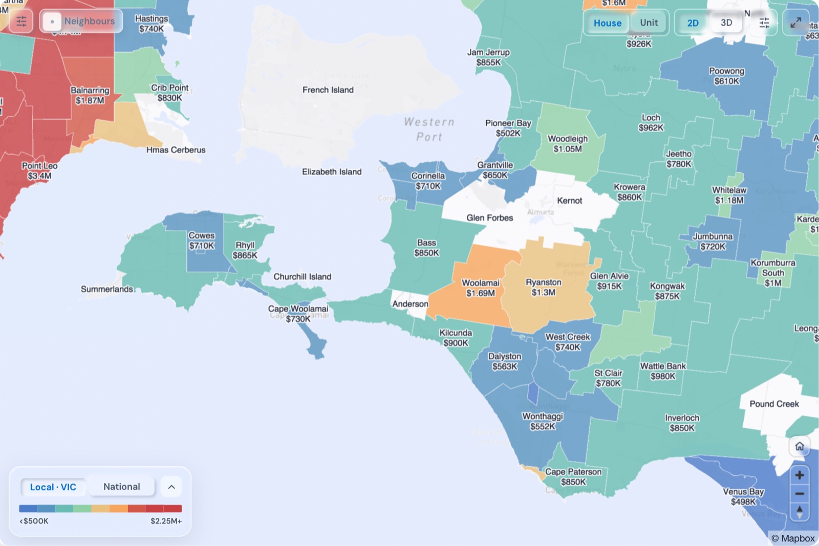 Map of Phillip Island and Bass Coast suburbs coloured by median house price, October 2026, in the Real Estate Radar Market Dashboard