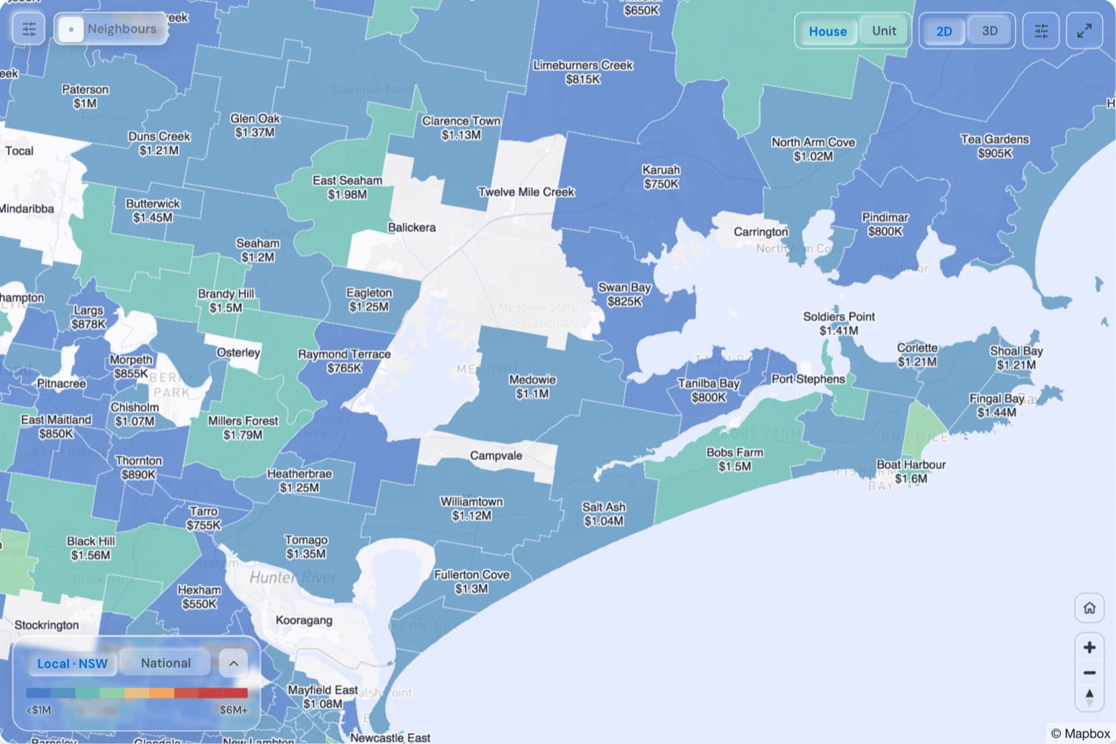 Map of Port Stephens suburbs coloured by median house price, October 2026, in the Real Estate Radar Market Dashboard
