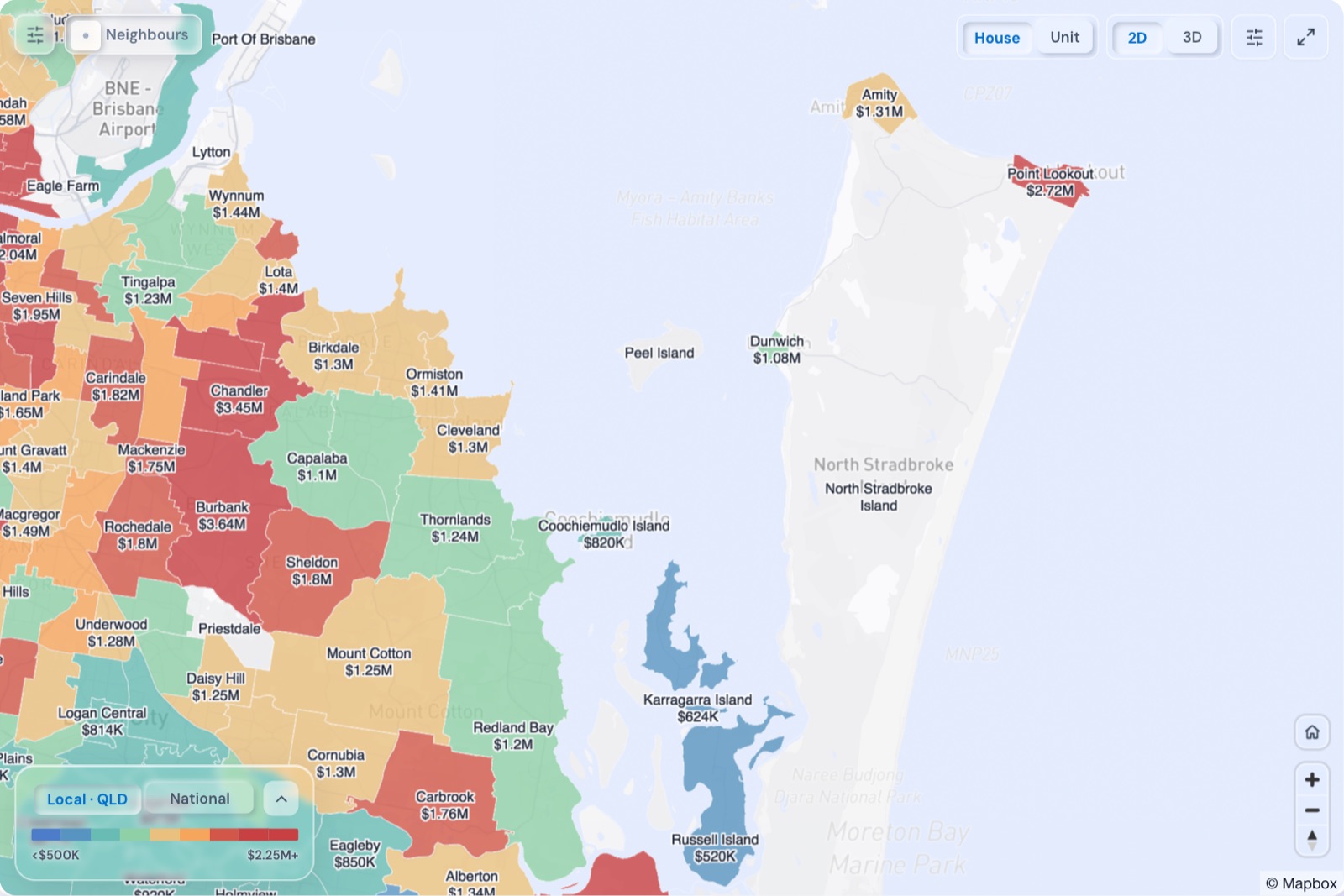 Map of Redland City suburbs coloured by median house price, October 2026, in the Real Estate Radar Market Dashboard