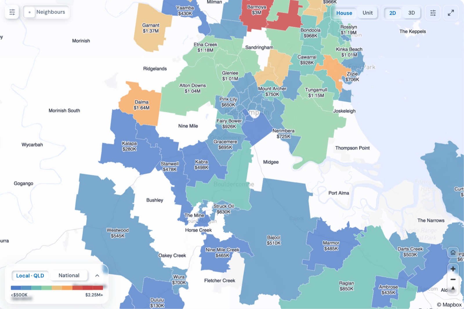 Map of Rockhampton suburbs coloured by median house price, October 2026, in the Real Estate Radar Market Dashboard