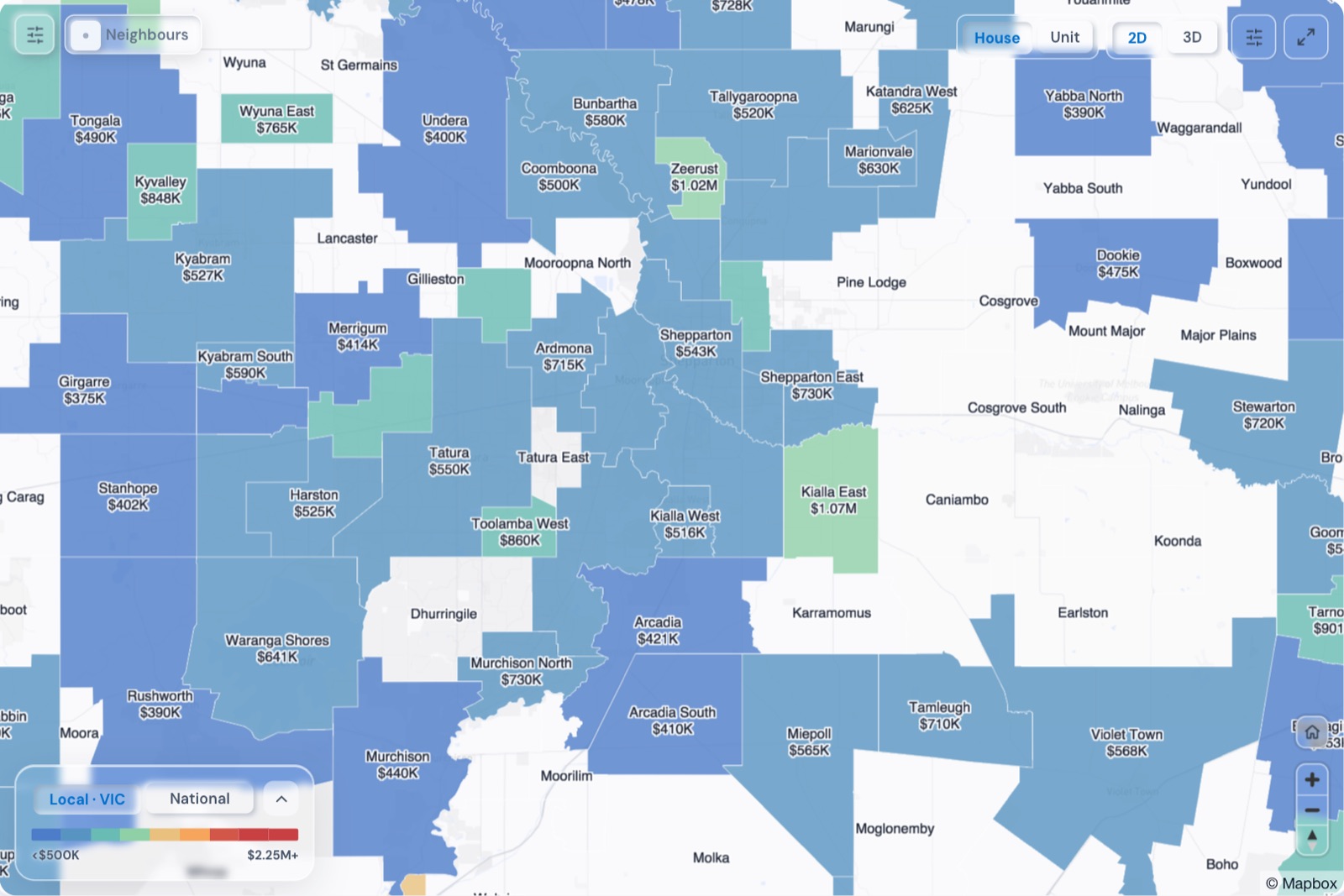 Map of Shepparton suburbs coloured by median house price, October 2026, in the Real Estate Radar Market Dashboard