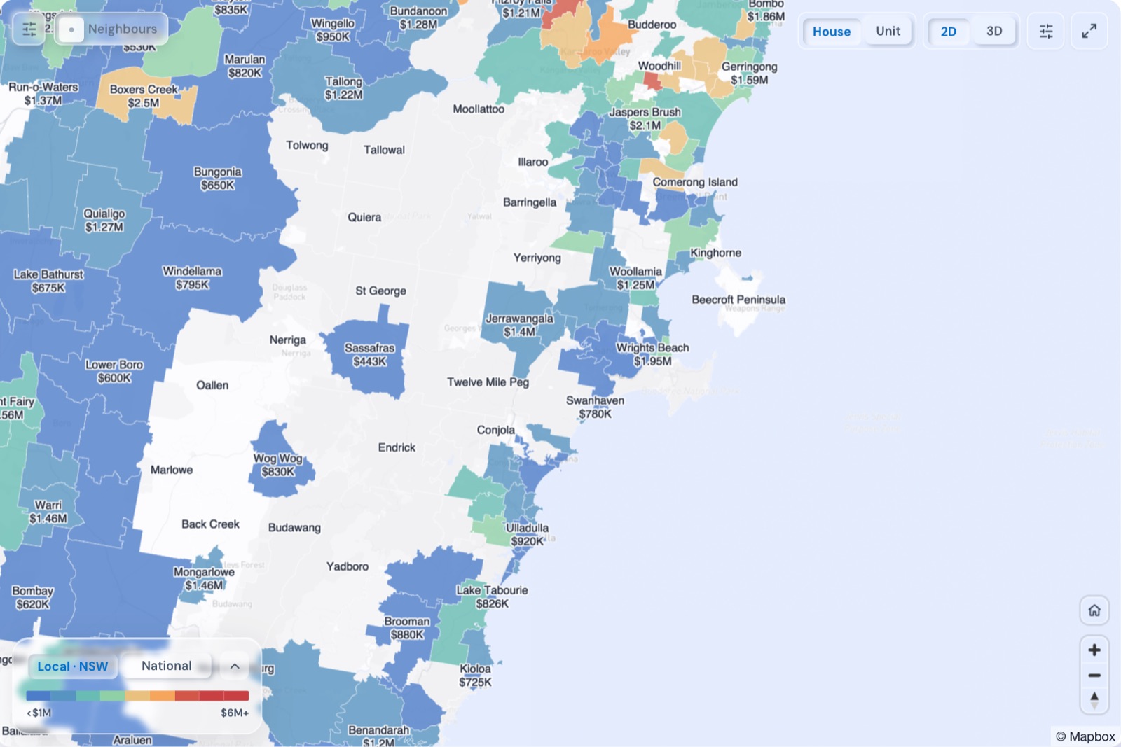 Map of Shoalhaven suburbs coloured by median house price, October 2026, in the Real Estate Radar Market Dashboard