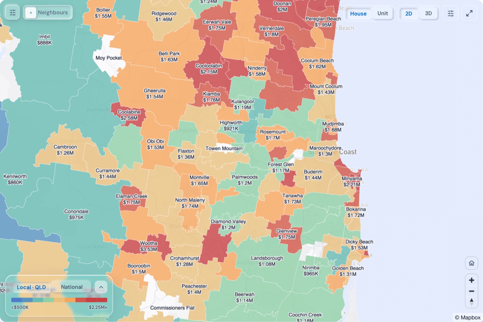 Map of Sunshine Coast suburbs coloured by median house price, October 2026, in the Real Estate Radar Market Dashboard