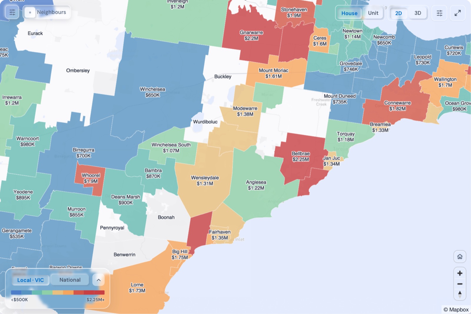 Map of Torquay and the Surf Coast suburbs coloured by median house price, October 2026, in the Real Estate Radar Market Dashboard