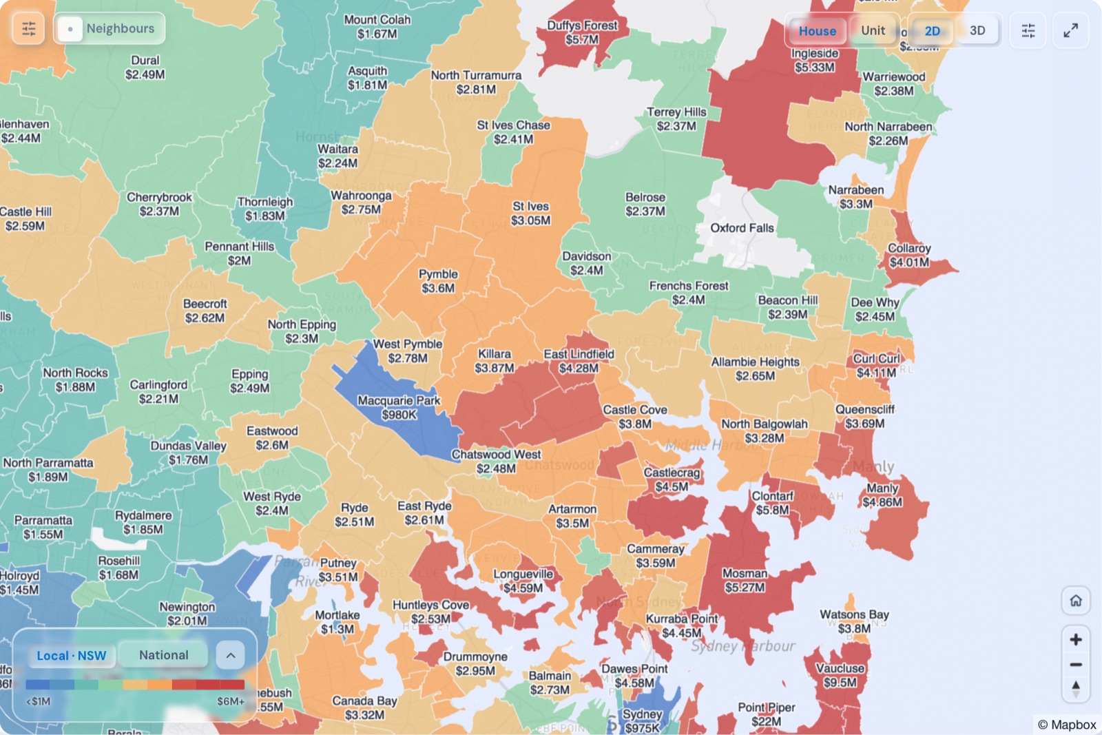 Map of Sydney North Shore suburbs coloured by median house price, October 2026, in the Real Estate Radar Market Dashboard