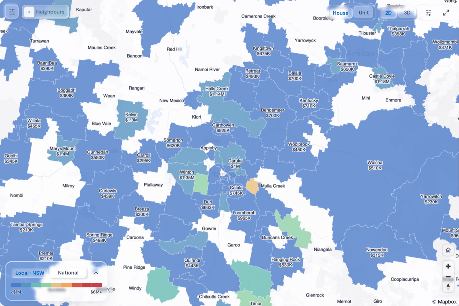 Map of Tamworth suburbs coloured by median house price, October 2026, in the Real Estate Radar Market Dashboard