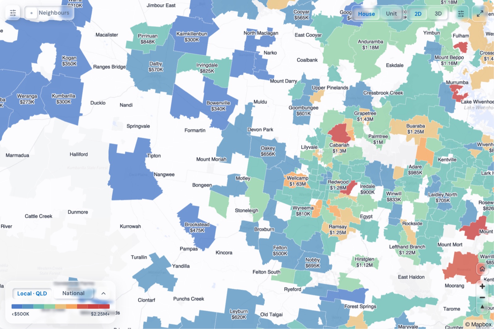 Map of Toowoomba suburbs coloured by median house price, October 2026, in the Real Estate Radar Market Dashboard