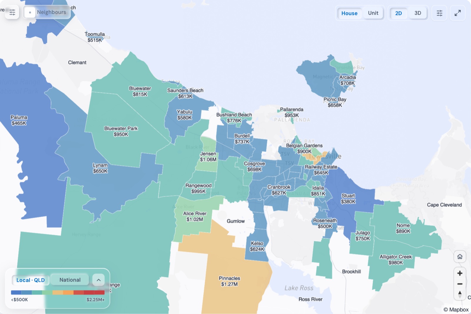 Map of Townsville suburbs coloured by median house price, October 2026, in the Real Estate Radar Market Dashboard