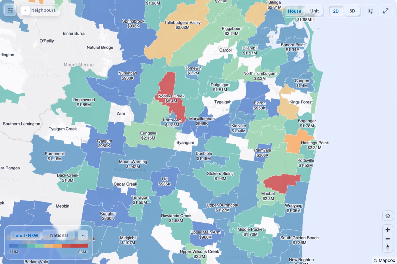 Map of Tweed Heads suburbs coloured by median house price, October 2026, in the Real Estate Radar Market Dashboard