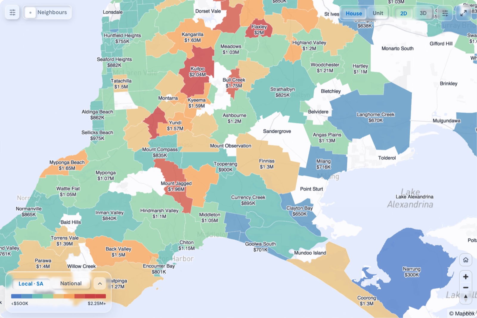 Map of Victor Harbor and the Fleurieu suburbs coloured by median house price, October 2026, in the Real Estate Radar Market Dashboard