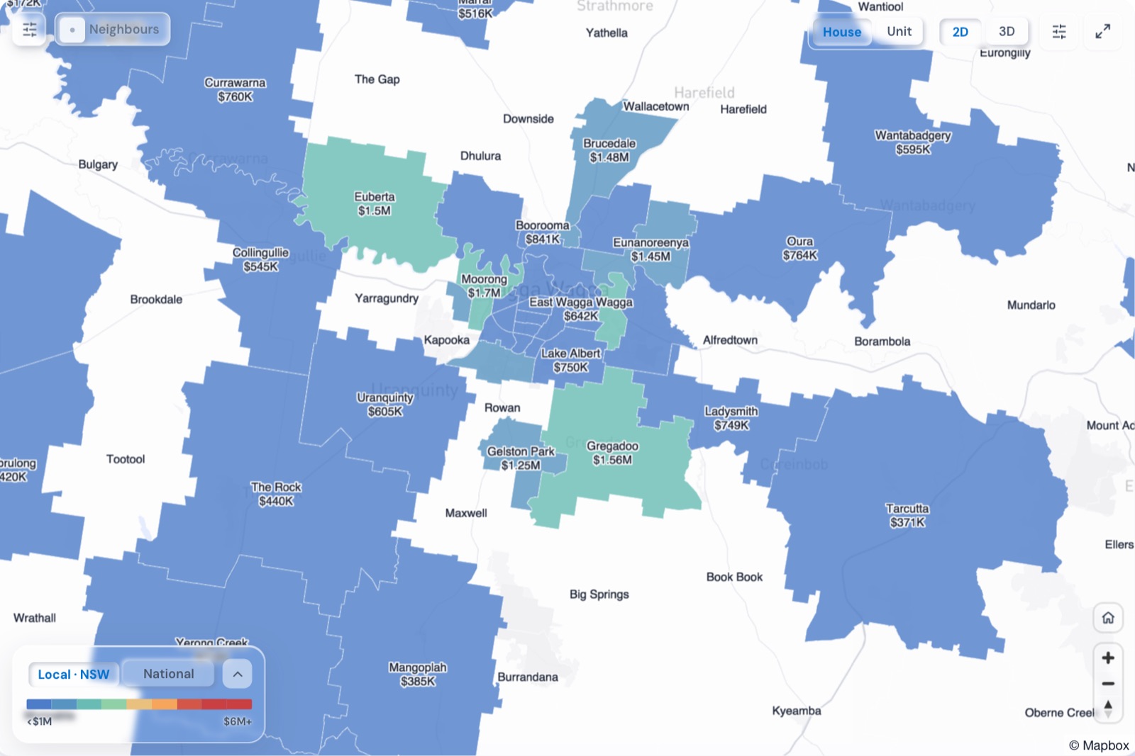 Map of Wagga Wagga suburbs coloured by median house price, October 2026, in the Real Estate Radar Market Dashboard